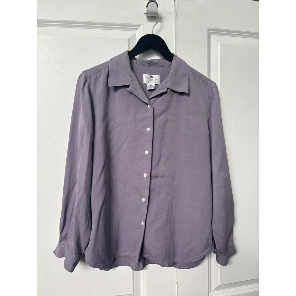 Vintage Talbots Womens 14P 100% Silk Button Down‎ Shirt Purple Blouse
